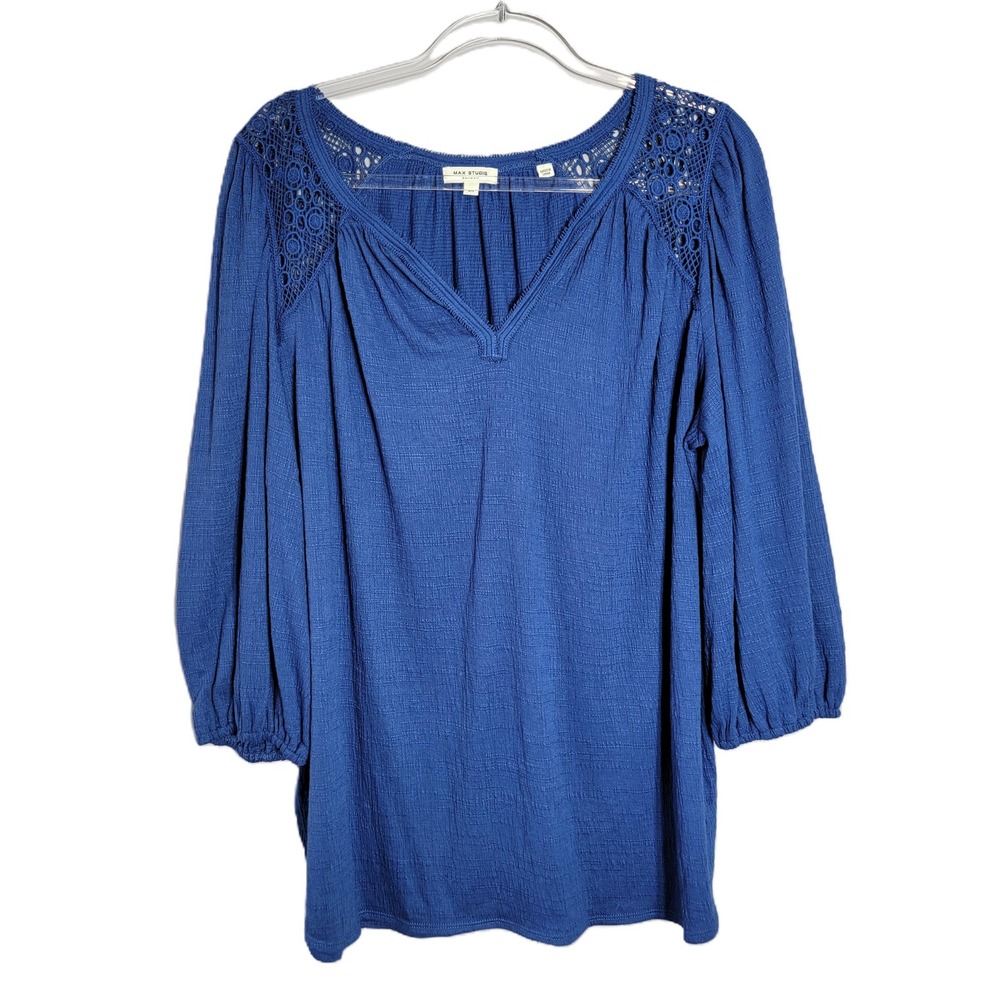 Max Studio‎ London Blue Textured Crochet Yoke V Neck Tunic Top Plus Size 2X